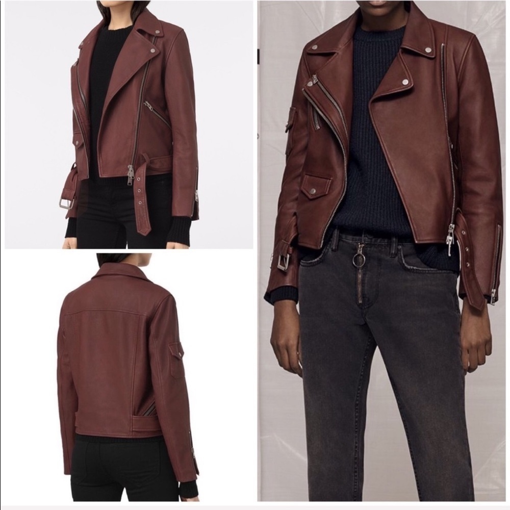 EUC All Saints Harland Burgundy 100%  Lamb Leather Moto Biker Jacket 6​​​​